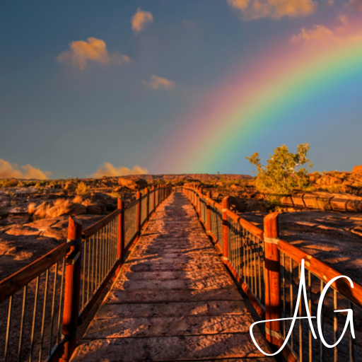 A wooden bridge at sunset with a rainbow across a corner of the sky. AG is written in the bottom right corner.